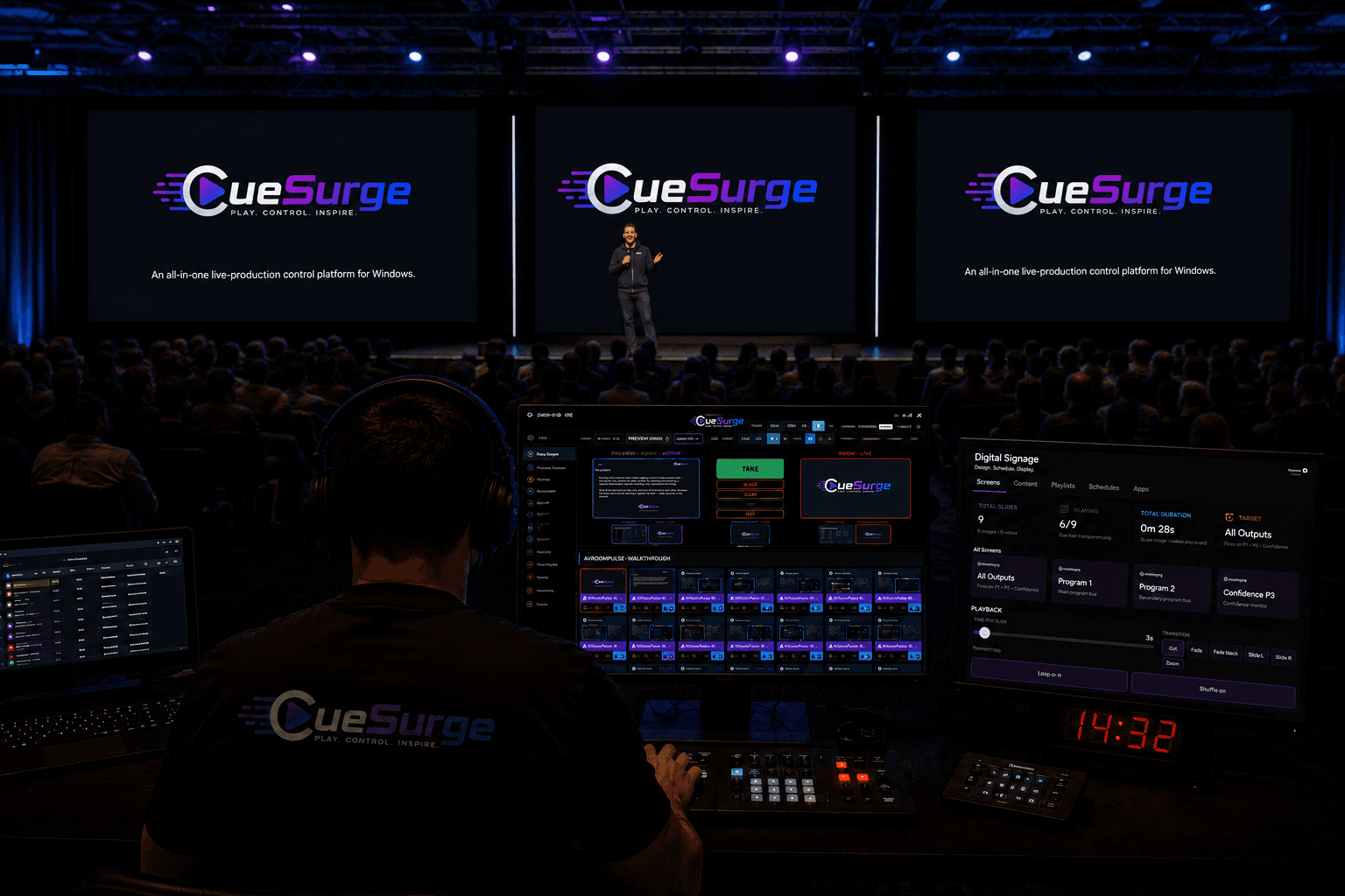 CueSurge operator running a live show — three-screen console, CueSurge logos on the LED walls, audience filling the room