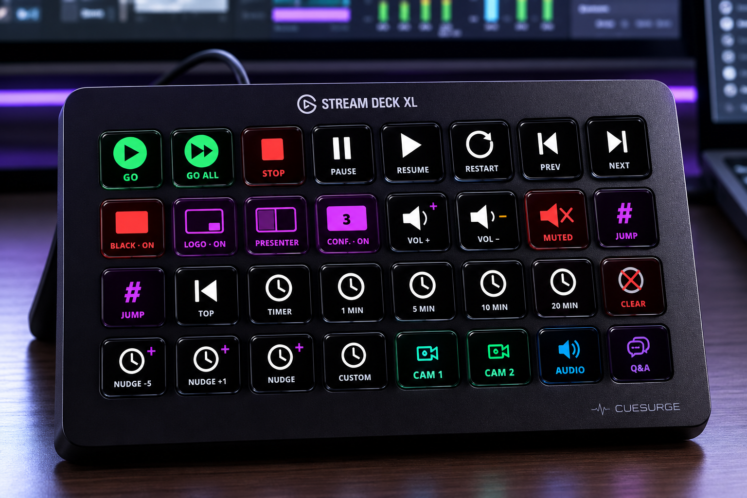 Elgato Stream Deck XL with CueSurge key mapping — GO, GO ALL, Stop, Pause, Resume, Restart, Prev, Next on top row; output override keys below; timers and camera cues below that.