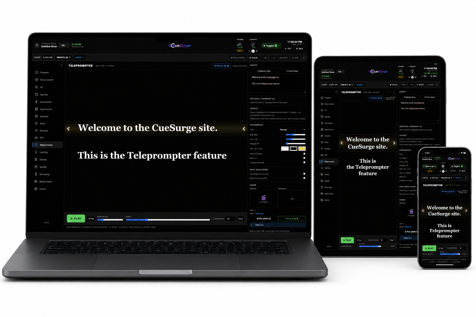 CueSurge Teleprompter rendered on a laptop, iPad, and iPhone — the same script driven from the operator window shows on every screen a presenter can see.